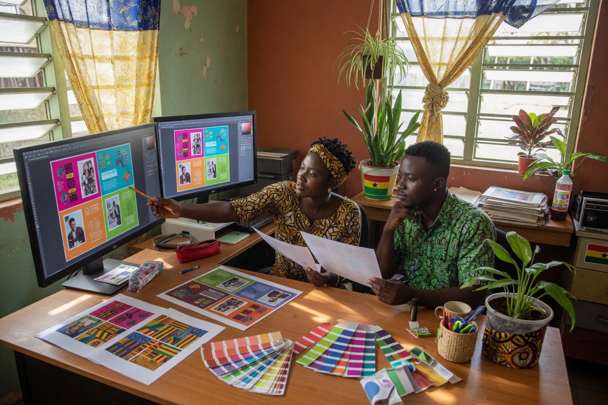 Our design studio team reviewing print layouts in Accra