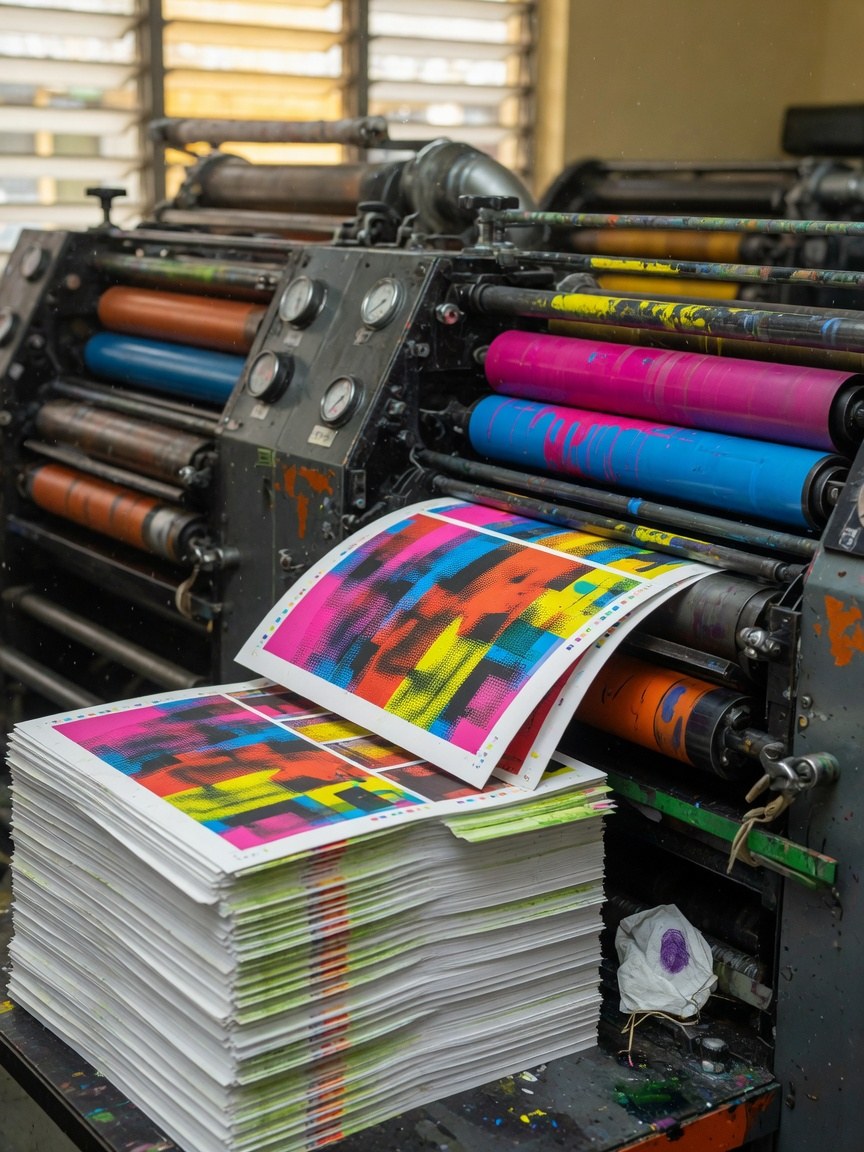 Vivid colour sheets coming off the press